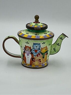 Vintage 2000 KELVIN CHEN Miniature “Cats Family” Enamel Teapot No. 1543
